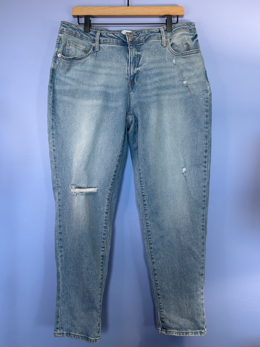 Light Blue Distressed Straight Leg Jeans